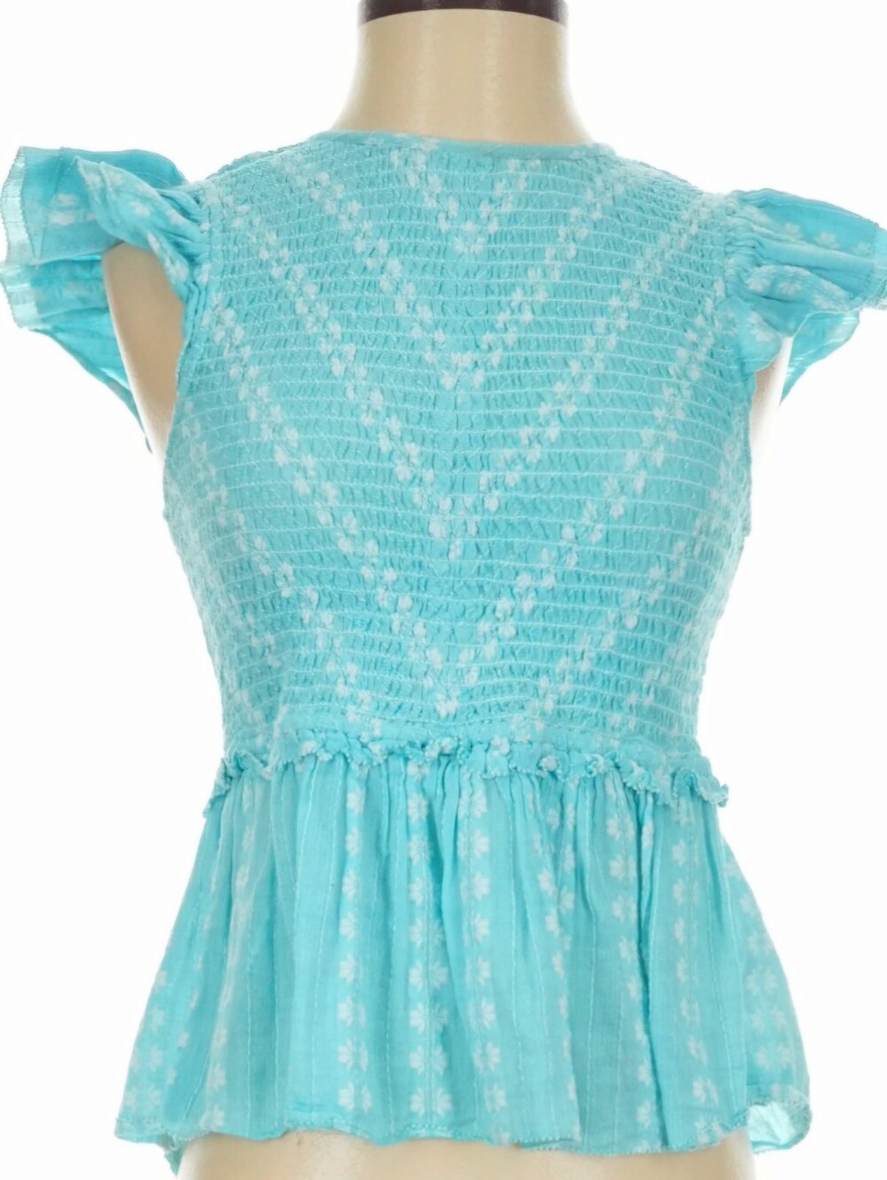 Anthropologie SAYLOR Aqua Smocked Peplum Top Ruffle Flutter Sleeve Boho Sz Small